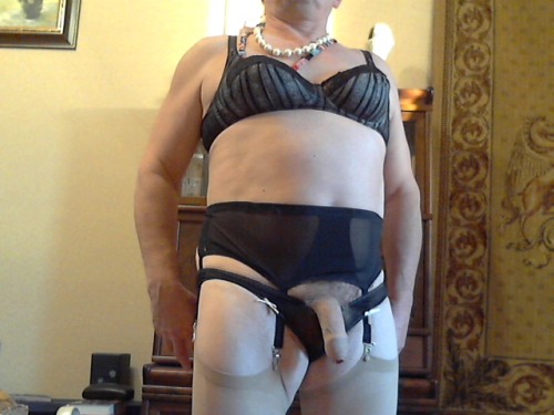 soskatanya:Retro. I stole this garter belt, bra and stockings from my former girlfriend’s mother and panties from my former girlfriend. I enjoy wearing them so much - but it makes it very very special when I suck my lovers’ cocks wearing this lingerie