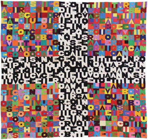 Alighiero Boetti, 25/8/88, 1988, embroidered work.Boetti was obsessed by calculations, alphabet game