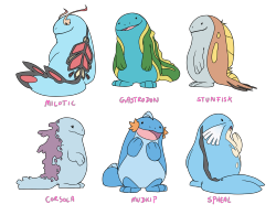 askfordoodles:  I really love the “traits of the father” pokemon-designs thing going on lately.Of course I had to do Quagsire mixed with some of its breeding-compatibles.