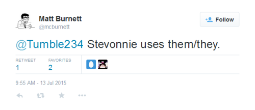 beach-a-palooza: Matt Burnett confirms that Stevonnie’s pronouns are they/them.(X)