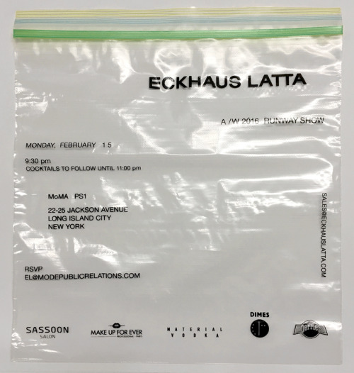 ericwrennoffice:Eckhaus Latta AW16 Invitations. Screen print on one gallon Ziploc bag.Sent seal