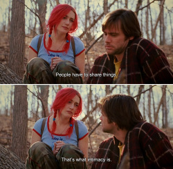 anamorphosis-and-isolate:  ― Eternal Sunshine of the Spotless Mind (2004)Clementine: People have to share things. That’s what intimacy is.