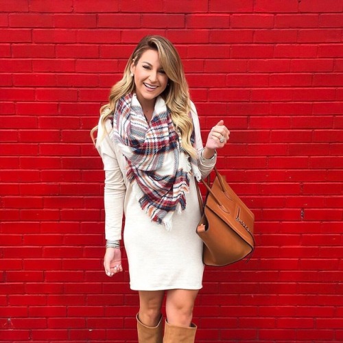 Back home and feeling festive ❤️ in this shift dress and plaid scarf combo that’s all #ltkunder50 Fo