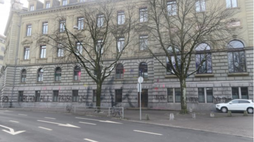 &ldquo;Burn All Prisons!&rdquo; Graffiti and paint-bombs on Bern City Hall in Switzerland, in solida