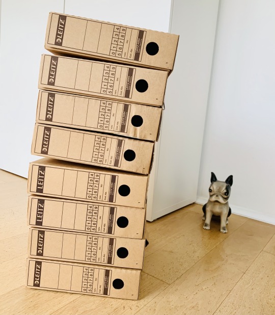Photograph of a stack of eight cardboard archive boxes, typically used to house old tax documents. The boxes form a sort of lopsided tower and are standing in front of a white cabinet and white wall. The flooring is oak parquet, almost the same colour as the boxes, and there is a little ceramic French Bulldog sitting to the right on the floor, looking towards the tower of boxes.