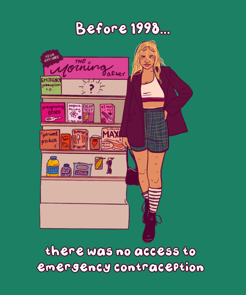 Digital illustration of a woman in boxers, a sports bra, an oversized blazer, docs and striped socks standing next to a retail display of reproductive health products. Text reads, ‘Before 1998… there was no access to emergency contraception.’