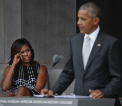 revyspite:  accras:  First Lady Michelle Obama wipes away tears as she listens to her husband President Barack Obama speak at the dedication ceremony for the National Museum of African American History and Culture, 9/24/16.  She’s so proud of him 