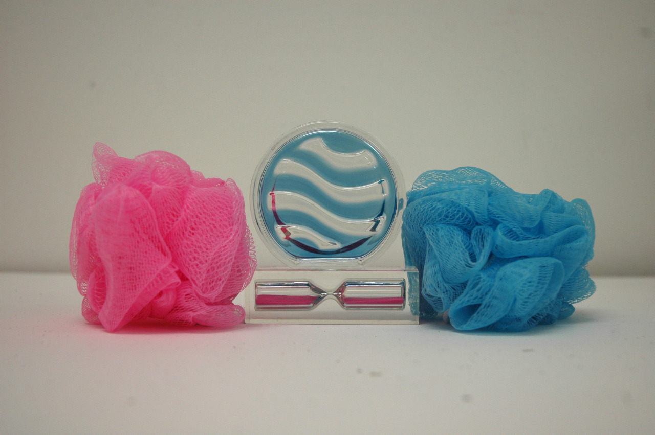 Joyous, and clear, and fresh, 2013
Body poofs, Hawaiian Breeze air freshener, 3 minute hourglass.