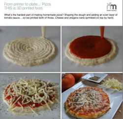 mothernaturenetwork:  3-D food printer makes perfect pizzaNatural Machines says its Foodini will soon be printing homemade pizza in your kitchen, and it’s just one of many 3-D food printers in development. And pizza isn’t the only thing it prints.