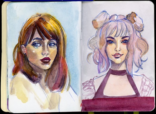 Tiny ladydoodles in a tiny (3″x4″) sketchbook, days 1-19. Watercolor and ballpoint pen (mostly). Sav