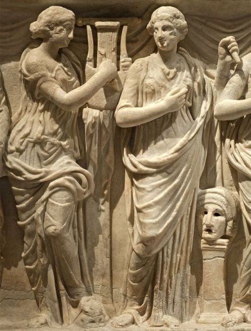 mythologyofthepoetandthemuse: Sarcophagus of the Muses - detail, Terpsichore and Thalia - white marb