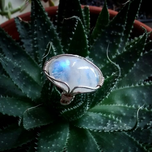 90377:This is my first serious try to wire wrap a rainbow moonstone cabochon ring. Not perfect but q
