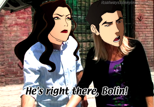 itsalwayssunnyinrc:After Shady Shin writes a review of the Krew’s bar,  naming it “the worst bar in Republic City” (and calling Mako “surly,  firebender trash,” and Asami, Korra, and Bolin “classless bores”), Bolin  kidnaps him during a