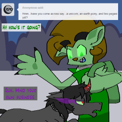 ask-wisp-the-diamond-dog:  Wisp:  Heh, I guess Freckles found his pack.  I should go see him. Featuring the cast of Ask King Sombra.  :D  xD!