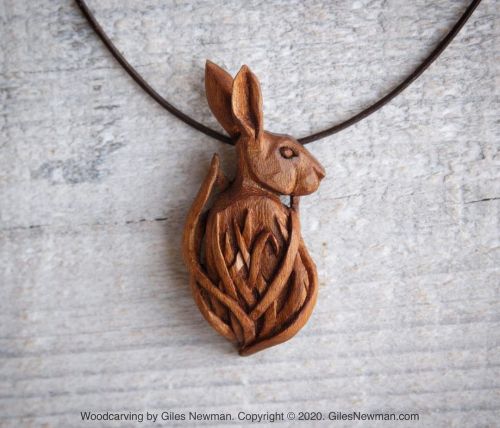 The finished Meadow Hare pendant. Carved by knife from a single piece of Laburnum wood. This little 