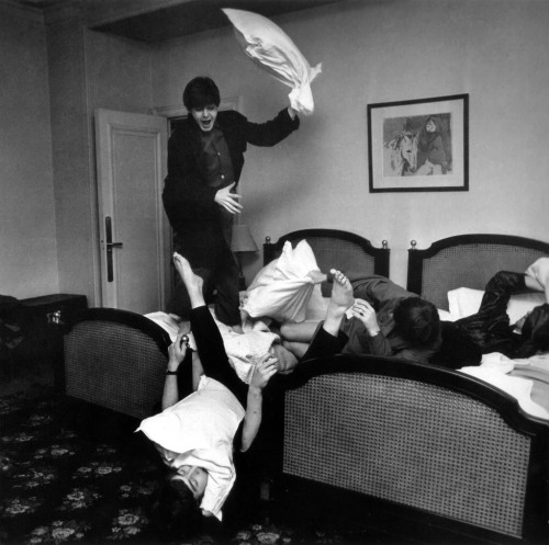 the-cosmic-empire: The Beatles having a pillow fight at The George V Hotel, Paris, c. 27th January 1