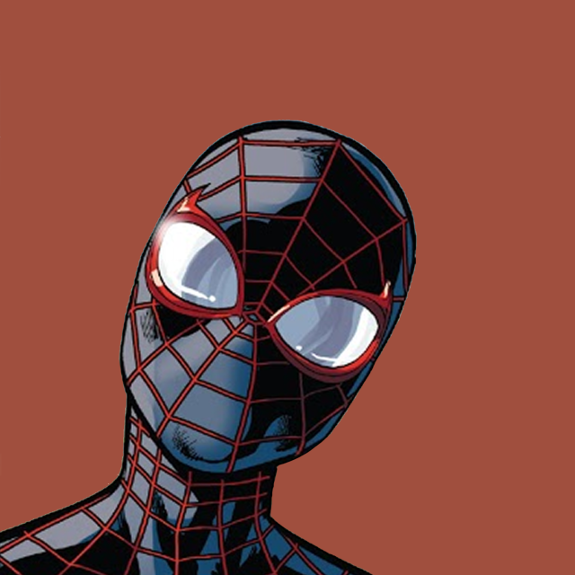 Miles Morales's head wearing his suit popping up from a lower corner over a red-orange solid colour background.