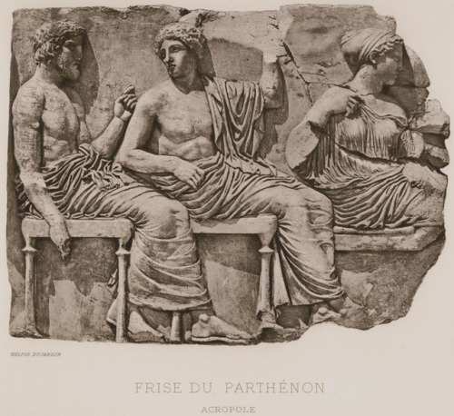 historyfilia:Block from the eastern frieze of the Parthenon: Poseidon, Apollo, Artemis. Voyage en Gr