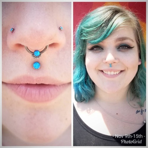 Fresh left paired #nostril and #septum piercings with blue opals for this birthday girl! Thanks agai