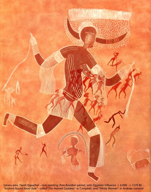 The Lady of Aouanrhet, Horned Goddess from Tassili cave painting (2500 BCE or older).