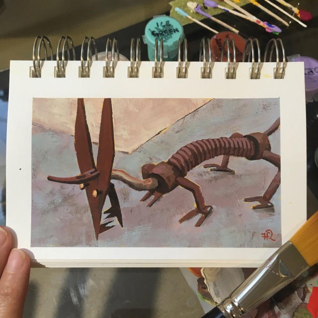 painting of a scrap metal sculpture of a bizarre dog or dinosaur