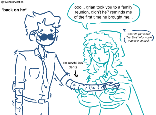 The last part of a five-part comic. Mumbo is back on Hermitcraft, shaken up. Pearl is holding and inspecting one of his arm with "50 morbillion dents", saying, "ooo... grian took you to a family reunion, didn't he? reminds me of the first time he brought me..." There's a tiny speech bubble from Mumbo that replies, "what do you mean 'first time' why would you ever go back"