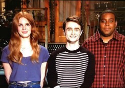 pinupgalore-lanadelrey:  Lana Del Rey, Daniel Radcliffe, and Kenan Thompson on the set of SNL 