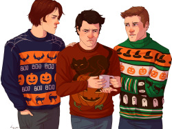 kayaczek:   ”I see no point in wearing this sweater” &ldquo;Dude, you’re no fun at all&rdquo;  i just wanted to draw them in tacky sweaters i guess? 