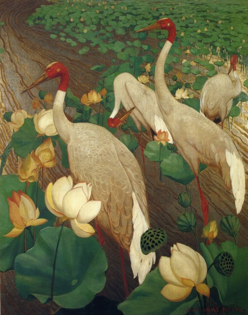 Paintings by Jessie Arms Botke (1883-1971):Demoiselles Cranes and LotusBlue Peacocks in a Golden Bac