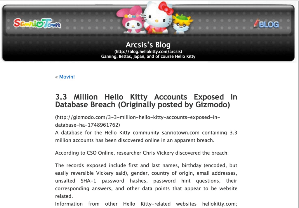 Data From 3.3 Million Hello Kitty Accounts Leaked