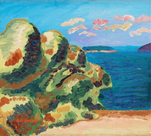 A summer&rsquo;s day by the sea.   -   Inge Schiöler , n/dSwedish , 1908-1971Oil on  canvas, 49 x 54