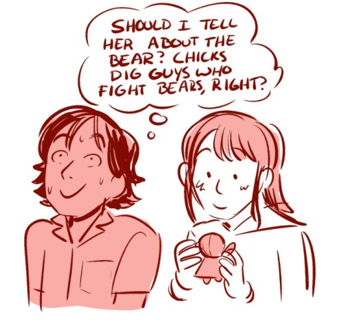 Kai is sitting nervously next to his crush, Yamazaki, who is playing with a little Magired plushy and not paying attention to him. He looks off, wide eyed into the distance and thinks "Should i tell her about the bear? Chicks like guys who fight bears, right?"