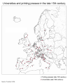 Spread of universities and printing presses in Europe in the late 15th century