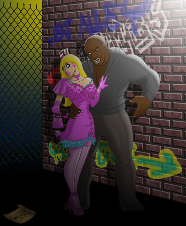 bimbofied white sissy who is about to be used in a dirty alleyway by a big black