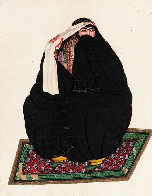 womeninarthistory:Woman wrapped in a dark blue chador, Qajar Persia, 19th century