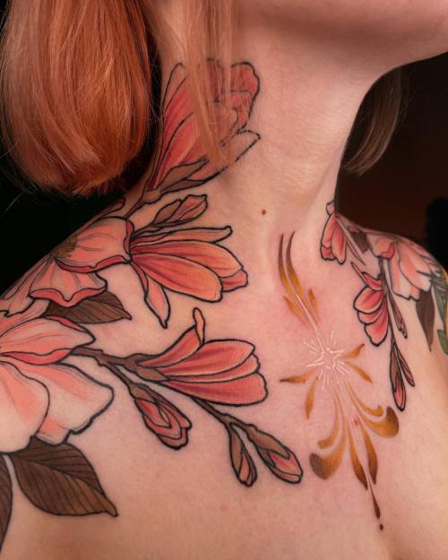 allthepiercingsandbodymods:Flower chest, shoulder and neck tattoos by @Jentonic. Follow her on Insta