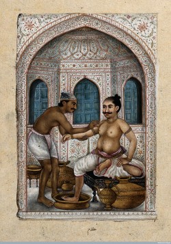 A Ghulum Attending to a Customer India (Delhi), Mughal, 1825 Gouache A ghulum, or bath attendant of the Shudra caste, attending to a customer in a Mughal inspired bath- house. The ghulum is providing snehana and svedana, two Ayurvedic procedures, to his