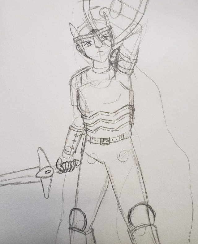 Pencil sketch of the Champion, a young woman with shaggy hair wearing jeans and a t-shirt under a breastplate, greaves, and bracers, along with a battle tiara and cape. She has a sword in one hand and a shield raised over her head, with a somewhat sour expression.