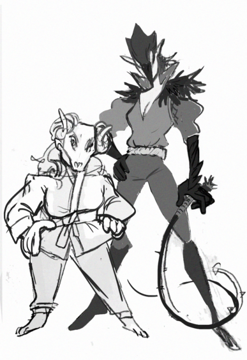 taz-ids:mothgeist:ram and raven [ID: Digital sketch of Sloane and Hurley. Sloane is a tall, slim hum