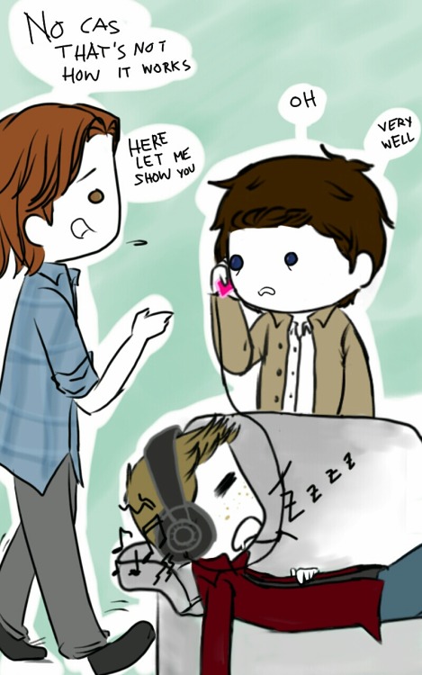 castihalo:  “What the fuck Sammy, what are you– SAMMY GIVE IT BACK TO ME RIGHT NOW OR I SWEAR-” “What’s the matter, Dean? Don’t you have Your Guardian Angel to keep your things safe for you?” 
