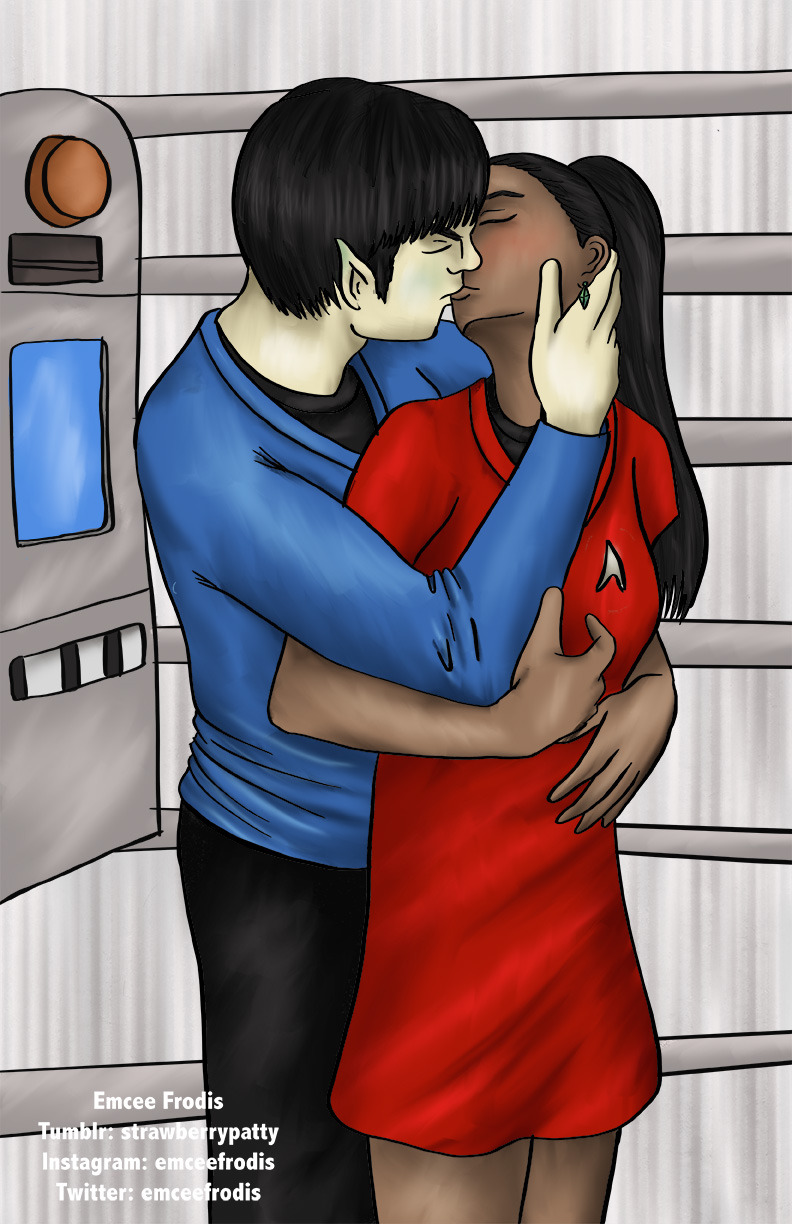 Spock and Uhura smooching in the Turbolift.