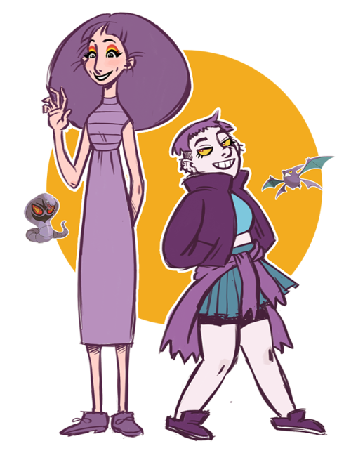 Felt like drawing gijinkas, so here are Sashay (Arbok) & Jojo (Crobat), Reg’s pokemon.