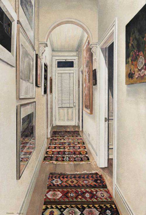 Hallway with kilims   -   Cressida Campbell, 2017-18.Australian, b. 1962-unique woodblock print, 120