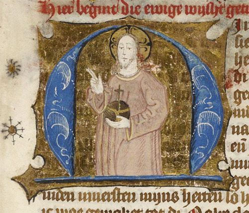 From fol. 75r of Ms. Codex 738, a Flemish Hours of the Virgin, here is Christ holding the Holy Hand 