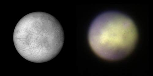 explorationimages: Images of Jupiter’s moon Europa: Left is a Voyager mosaic, right is a new G