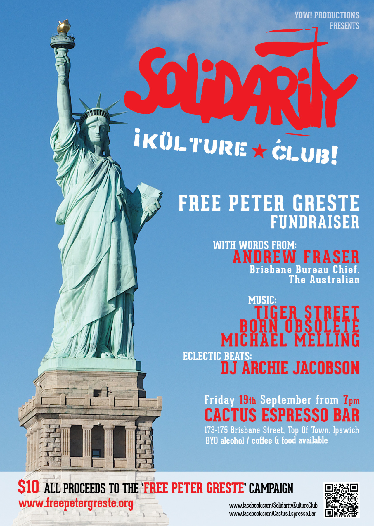 SKC #15 ~ FREE PETER GRESTE FUNDRAISER
Friday 19th September 2014
Cactus Espresso Bar
From 7pm
Peter Greste is an award-winning Australian journalist of Latvian ancestry, who has worked for a number of media organizations including Reuters, CNN, WTN...