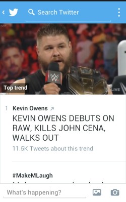 destroyeroftheuniverse:  Kevin Owens is the number one trend on Twitter, along with the perfect headline explaining why.  Might needa start watching Raw again!