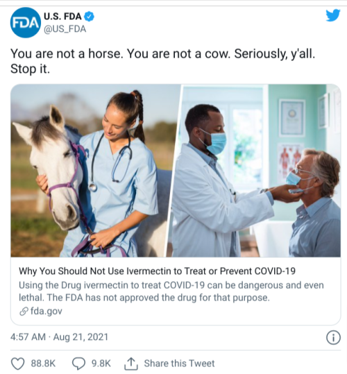 loud-and-queer:  septmilleneurones:mudwerks:  (via Don’t Eat Horse Meds To Treat COVID-19 | Talking Points Memo) moo…   Your daily reminder that this is in spite of having easy access to vaccines that large swathes of the world are having to wait