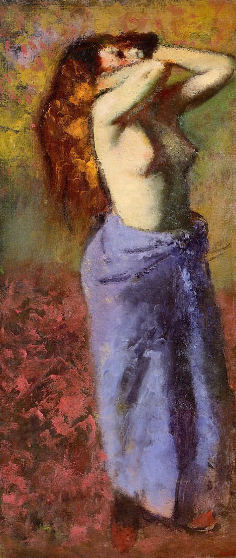 artist-degas:  Woman in a Blue Dressing Gown, Torso Exposed by Edgar DegasMedium: