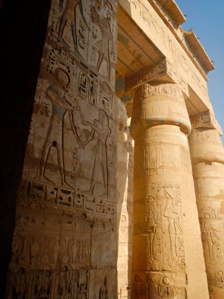 Columns and pillar incised with hieroglyphs  Mortuary Temple of Ramesses III, Medinet Habu, Wes